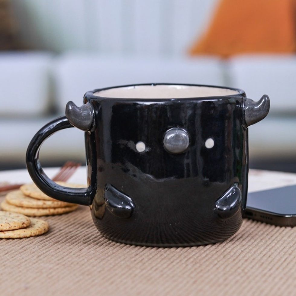 Whimsical Handcrafted Glossy-Finished Ceramic Buffalo Mug 'Buffalo Morning'