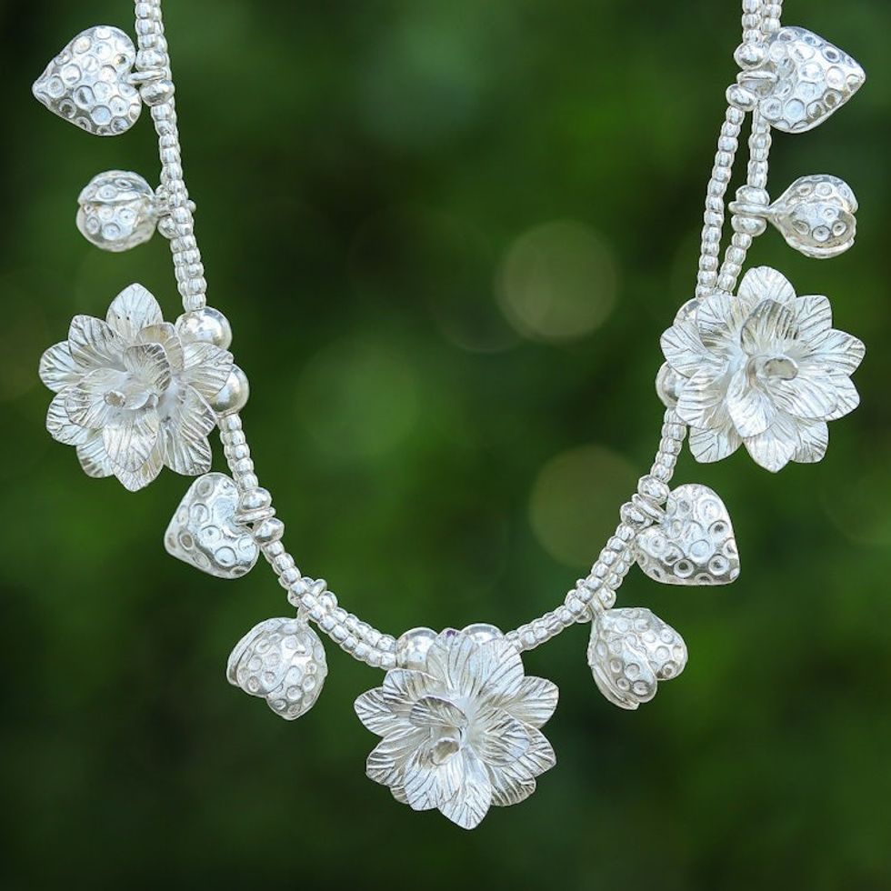 Matte-Finished Heart and Flower-Themed Silver Charm Necklace 'Celestial Blooms'
