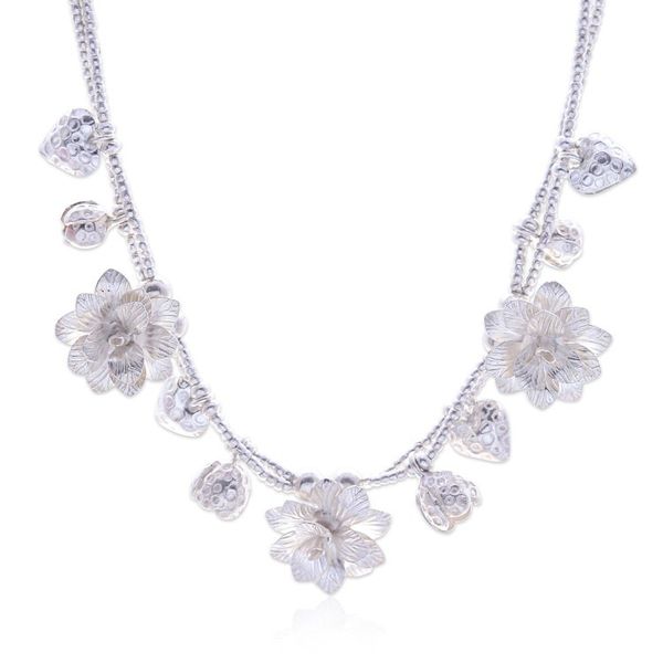 Alternate image for Matte-Finished Heart and Flower-Themed Silver Charm Necklace Celestial Blooms