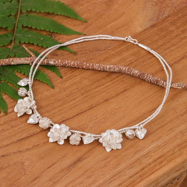 Alternate image for Matte-Finished Heart and Flower-Themed Silver Charm Necklace Celestial Blooms