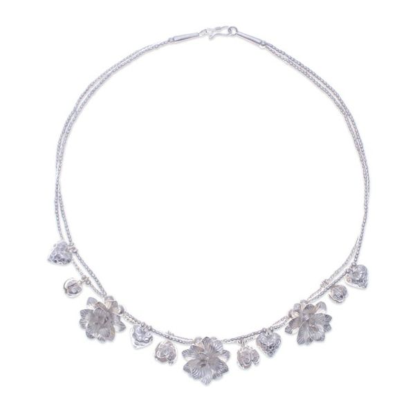 Alternate image for Matte-Finished Heart and Flower-Themed Silver Charm Necklace Celestial Blooms