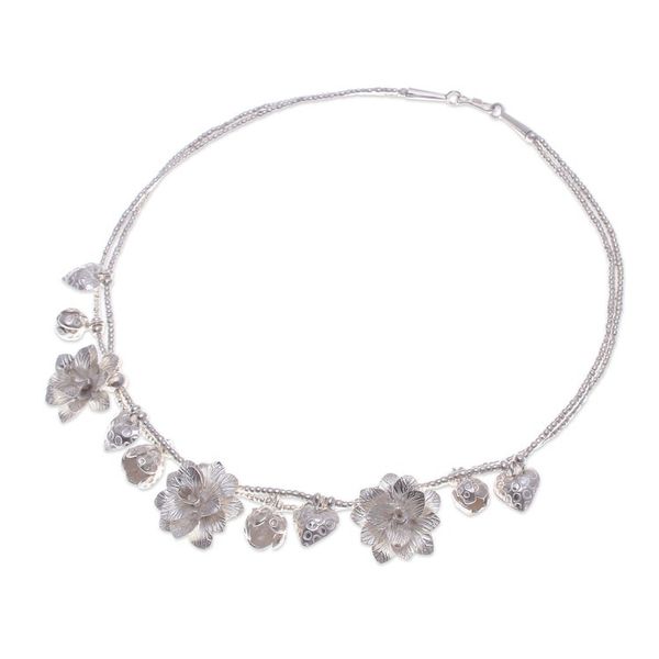 Alternate image for Matte-Finished Heart and Flower-Themed Silver Charm Necklace Celestial Blooms