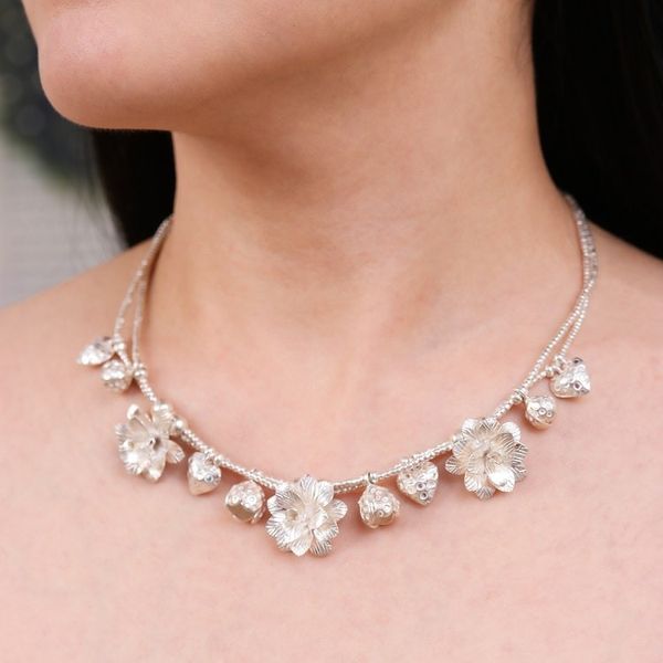 Alternate image for Matte-Finished Heart and Flower-Themed Silver Charm Necklace Celestial Blooms