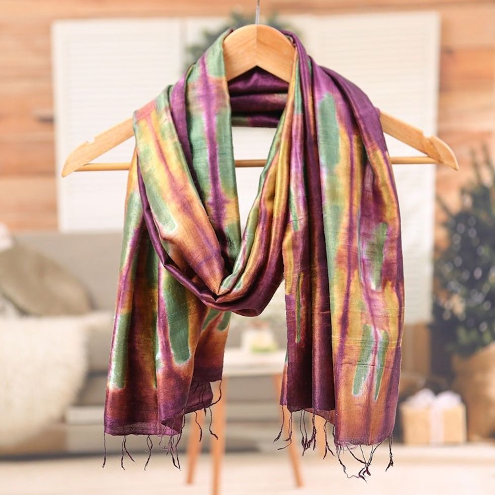 Hand-Woven Batik Tie-Dyed 100 Silk Scarf with Fringes 'Colorful Glamor'