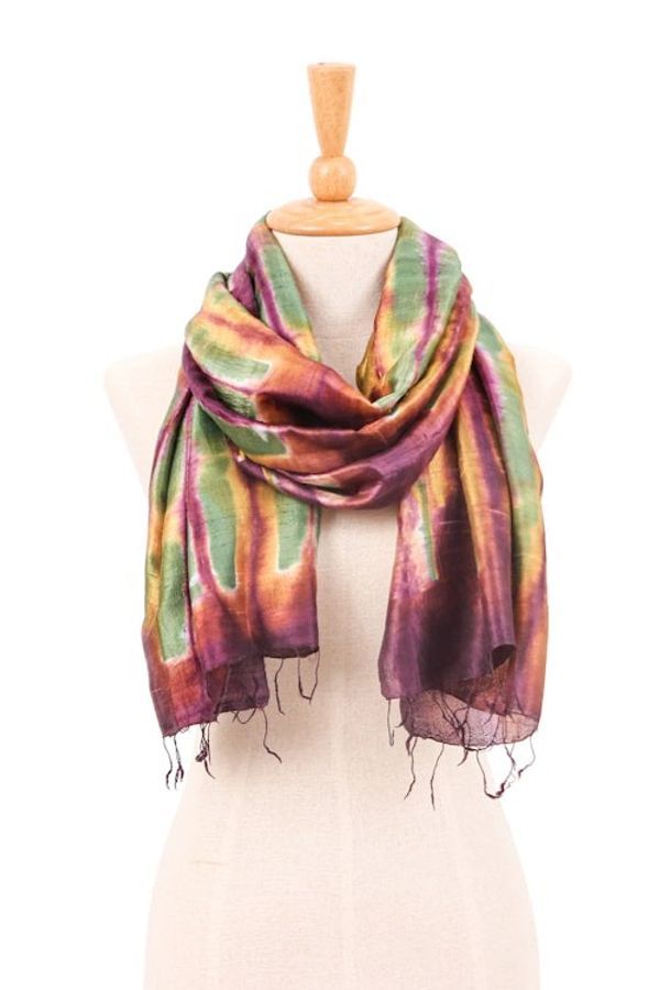 Alternate image for Hand-Woven Batik Tie-Dyed 100 Silk Scarf with Fringes Colorful Glamor