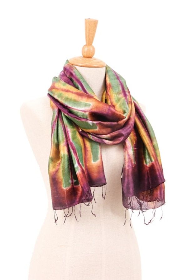 Alternate image for Hand-Woven Batik Tie-Dyed 100 Silk Scarf with Fringes Colorful Glamor