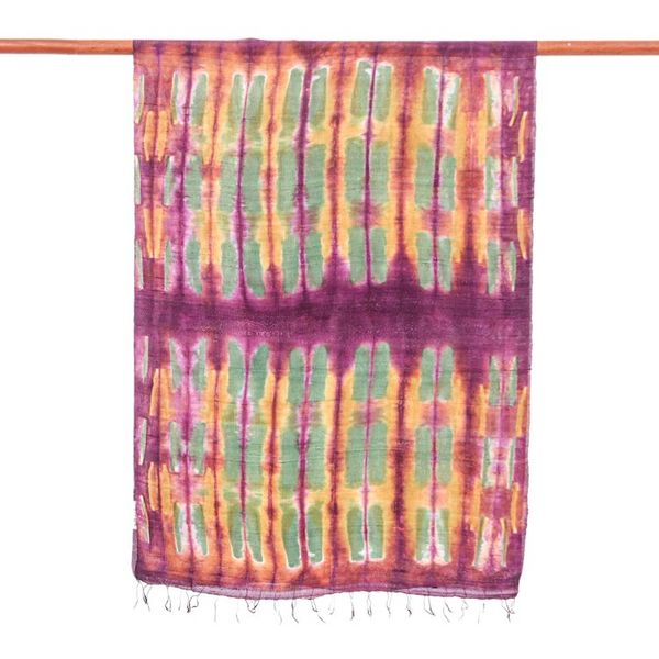 Alternate image for Hand-Woven Batik Tie-Dyed 100 Silk Scarf with Fringes Colorful Glamor