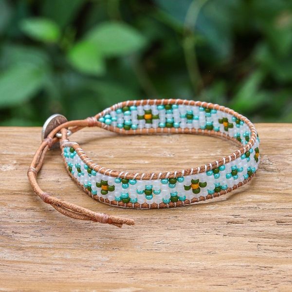 Alternate image for Turquoise Glass Bead and Brown Leather Wristband Bracelet Peace at the Shore