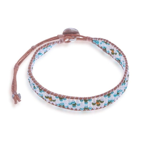 Alternate image for Turquoise Glass Bead and Brown Leather Wristband Bracelet Peace at the Shore