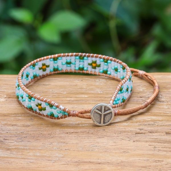 Alternate image for Turquoise Glass Bead and Brown Leather Wristband Bracelet Peace at the Shore
