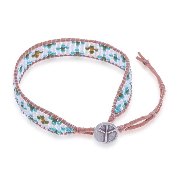 Alternate image for Turquoise Glass Bead and Brown Leather Wristband Bracelet Peace at the Shore