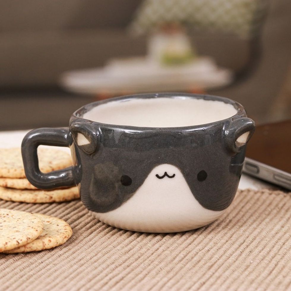 Thai Animal-Themed Ceramic Grey White Cat Espresso Cup 'Feline Demitasse'