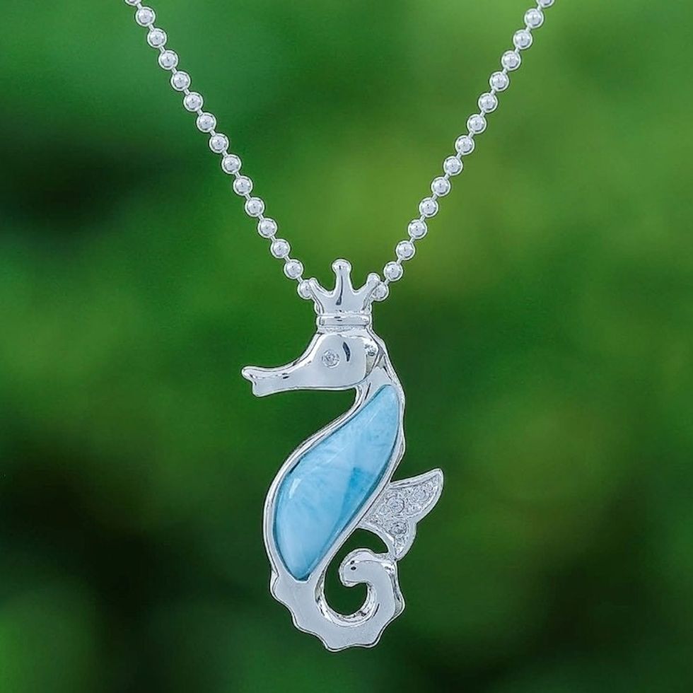 Larimar Cubic Zirconia Silver Seahorse Pendant Necklace 'Seahorse Sparkle'