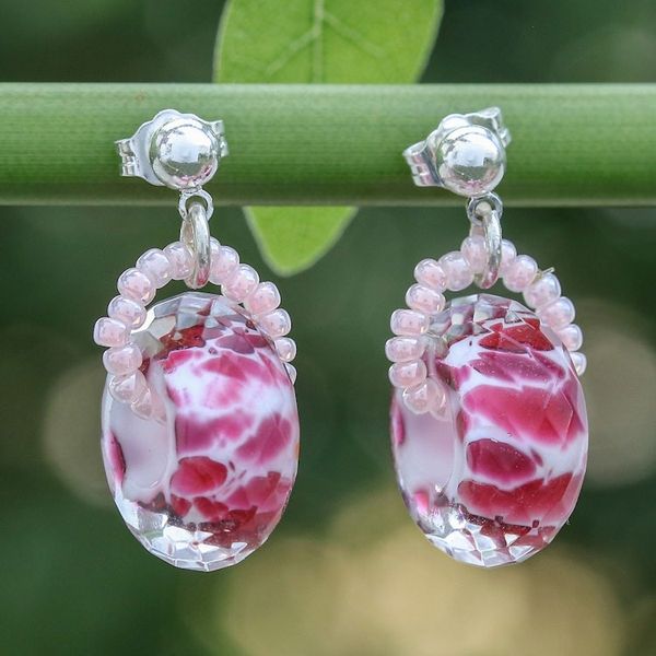 Alternate image for Abstract-Patterned Red Blown Glass Beaded Dangle Earrings Romantic Red Soul