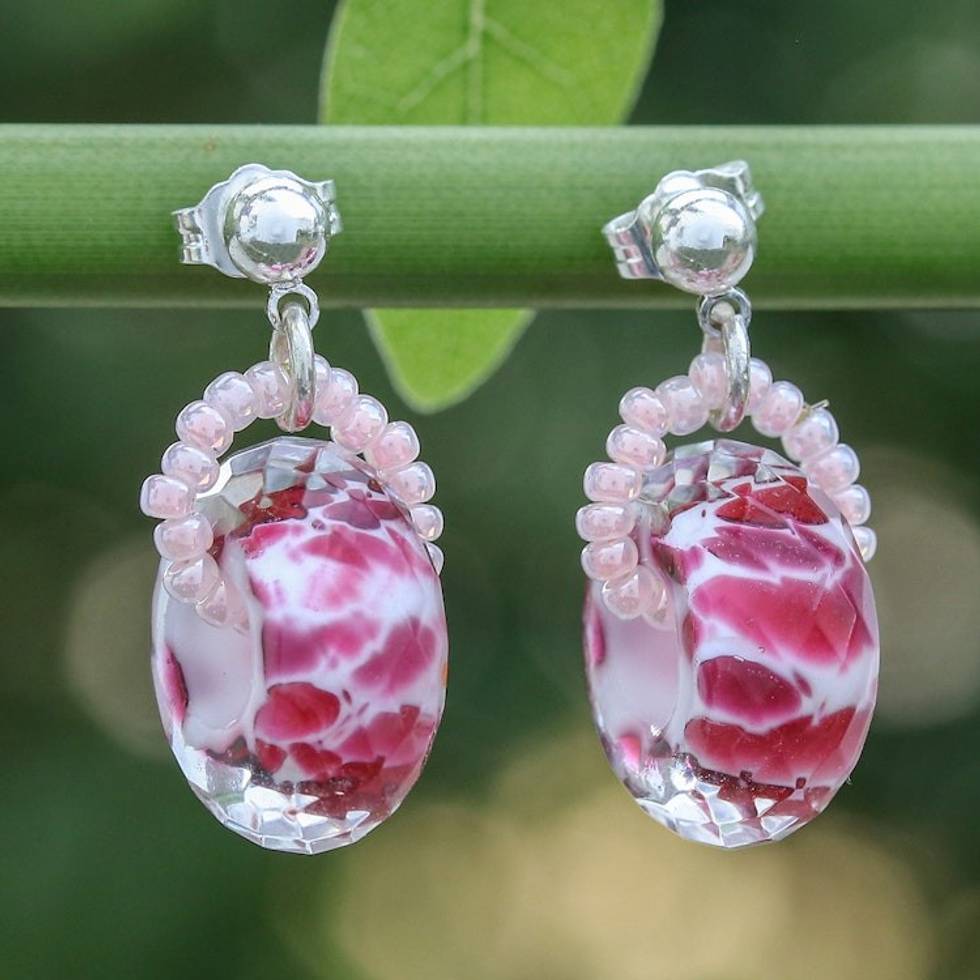 Abstract-Patterned Red Blown Glass Beaded Dangle Earrings 'Romantic Red Soul'