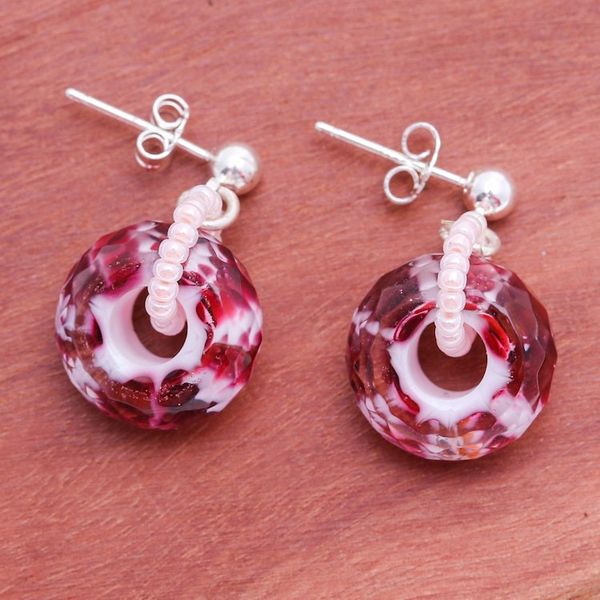 Alternate image for Abstract-Patterned Red Blown Glass Beaded Dangle Earrings Romantic Red Soul