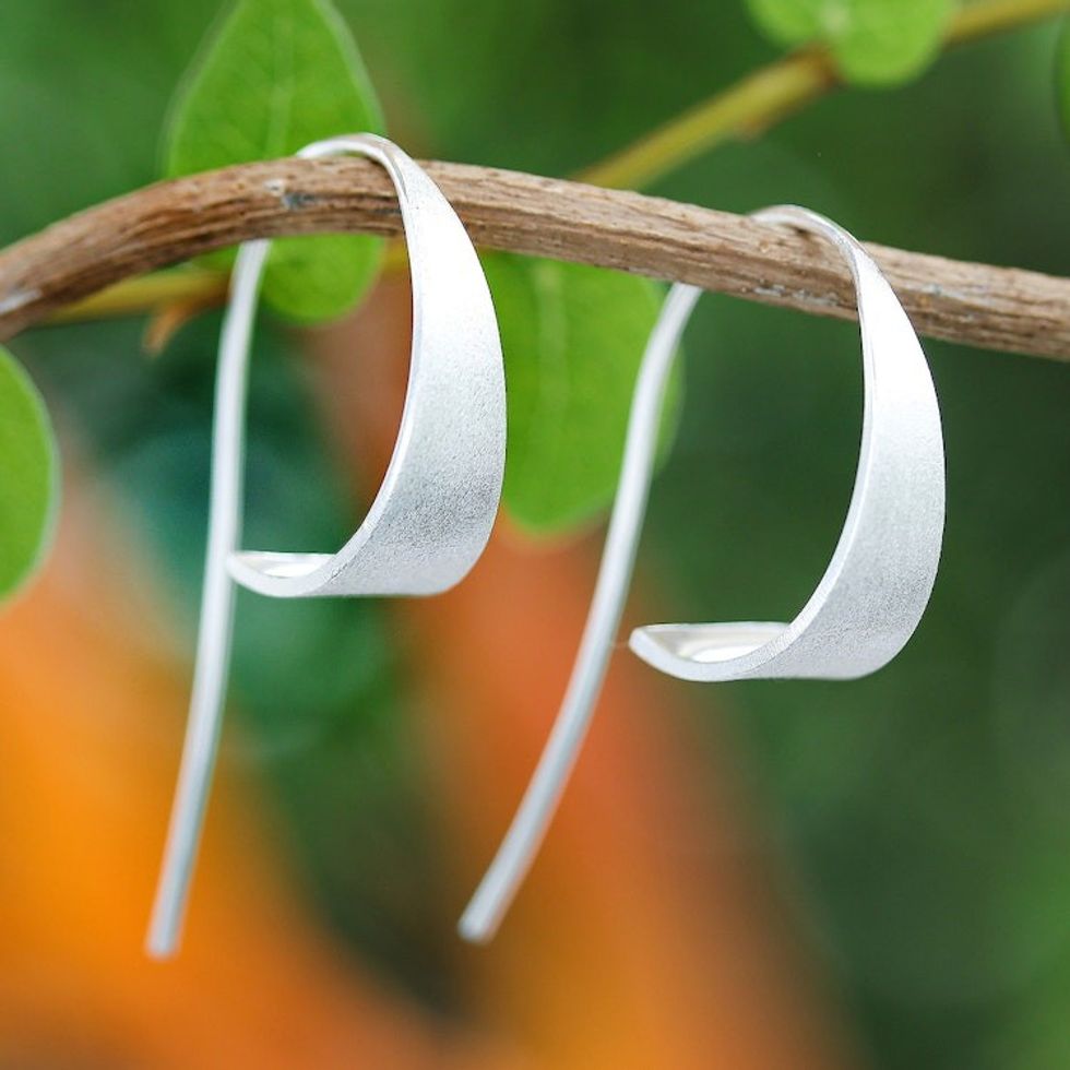 Modern Brushed Satin Sterling Silver Curved Drop Earrings 'Curved Triangle'