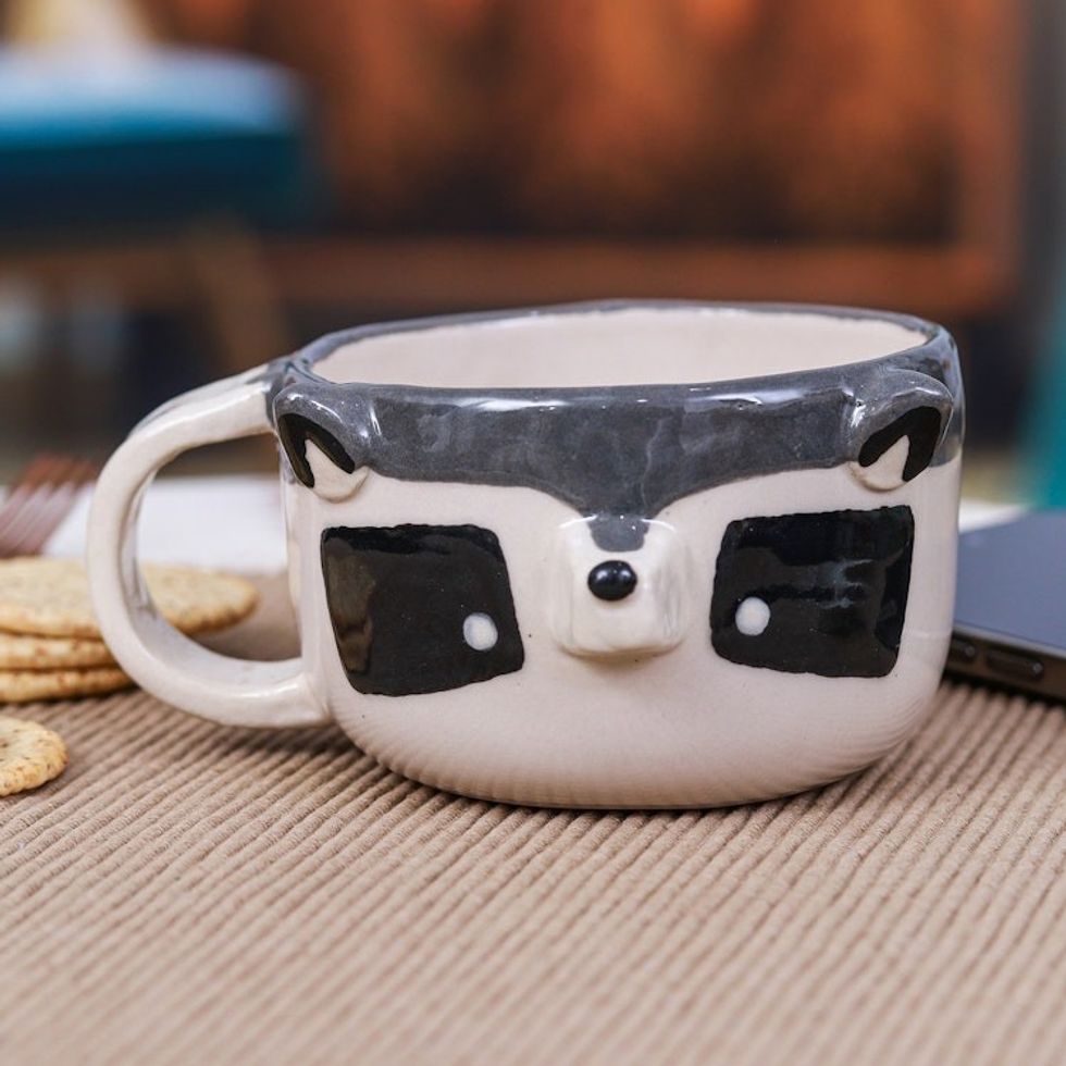 Whimsical 6 oz Ceramic Raccoon Cup with a Glossy Finish 'Raccoon Elixir'