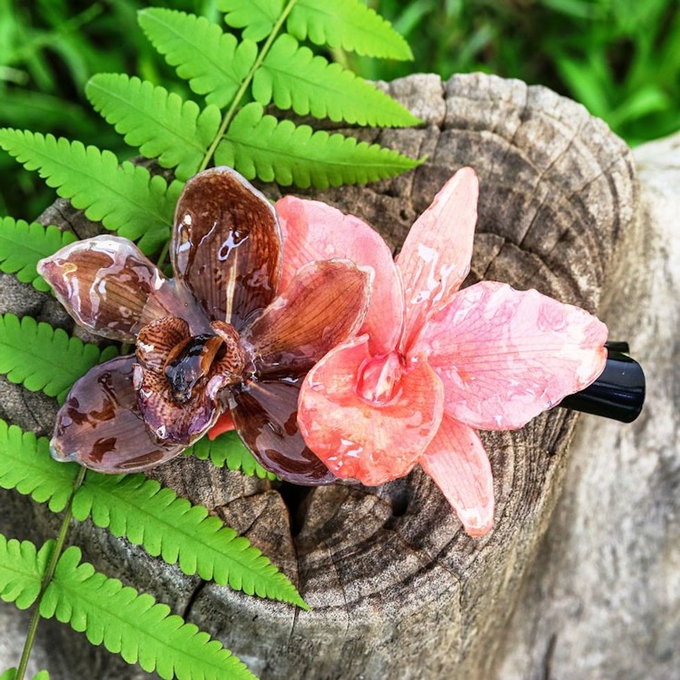 Artisan-Made Brown and Pink Natural Cattleya Bloom Hair Clip 'Sweet Cattleya'