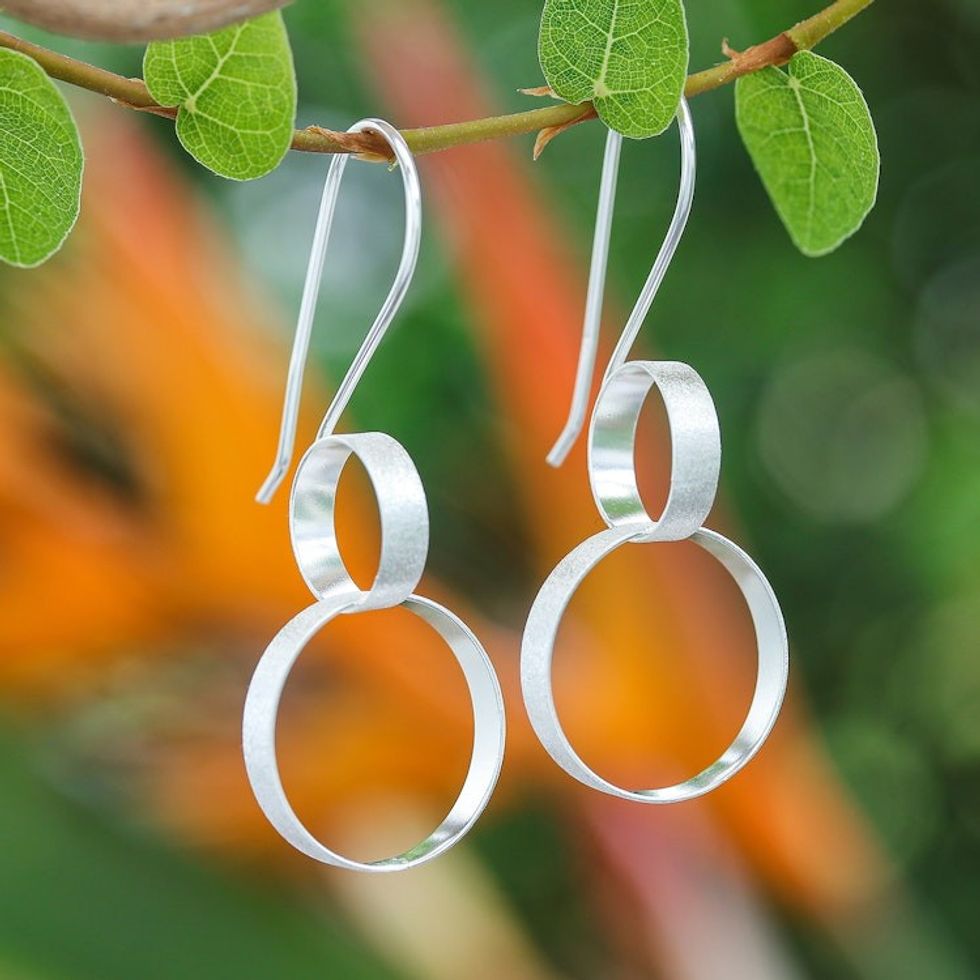 Modern Thai Sterling Silver Ring-Themed Drop Earrings 'Circular Glam'