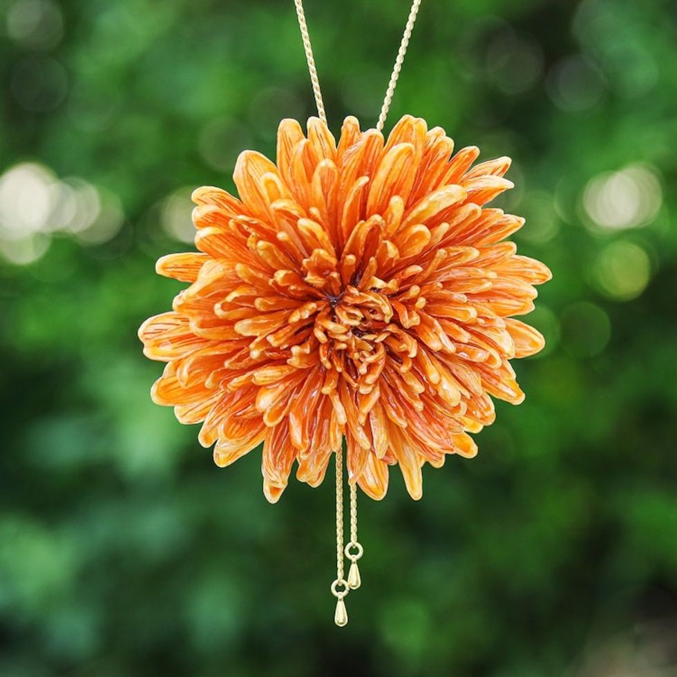 Orange Chrysanthemum Lariat Necklace with 22k Gold Plating 'Happy Orange'