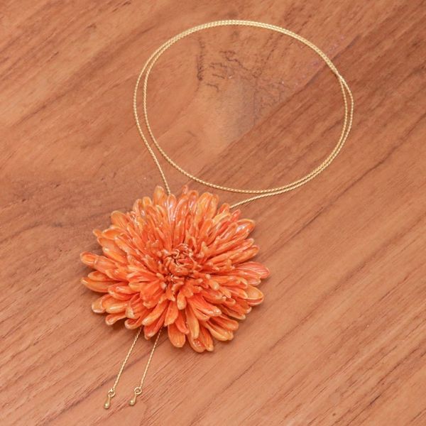 Alternate image for Orange Chrysanthemum Lariat Necklace with 22k Gold Plating Happy Orange