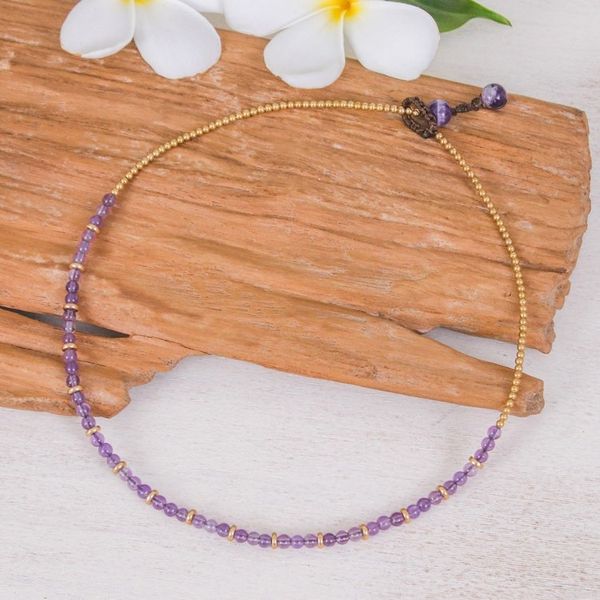Alternate image for Handcrafted Amethyst and Brass Beaded Necklace from Thailand Wise Orbs