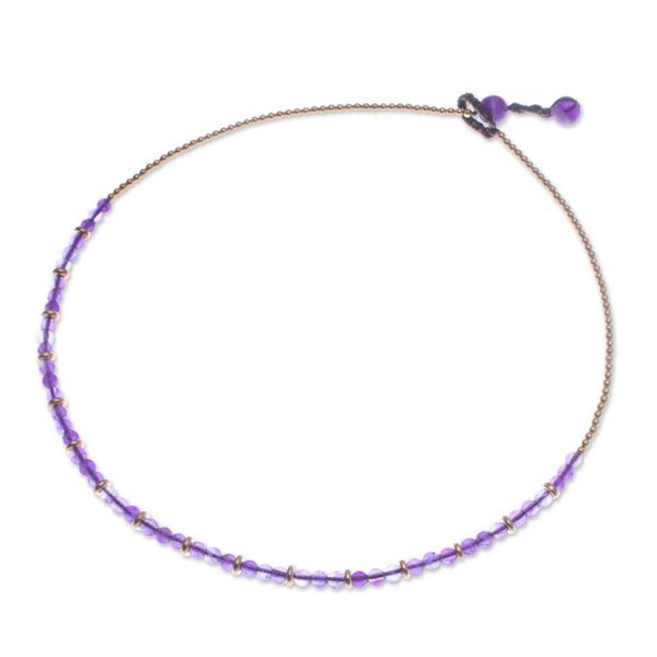 Alternate image for Handcrafted Amethyst and Brass Beaded Necklace from Thailand Wise Orbs