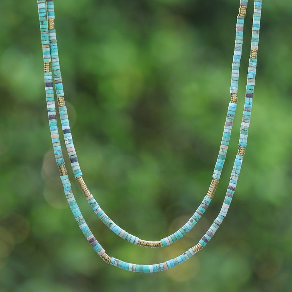Reconstituted Turquoise Hematite Double Strand Necklace 'Glam Duo'