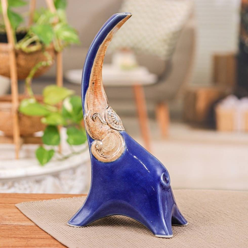Classic Blue Celadon Ceramic Elephant Vase Made in Thailand 'Enchanted Trumpet'