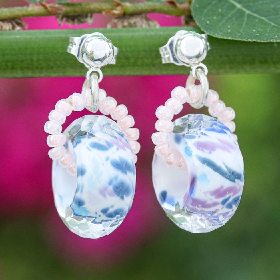 Abstract-Themed Blown Blue and Pink Glass Dangle Earrings 'Dreamy Soul'