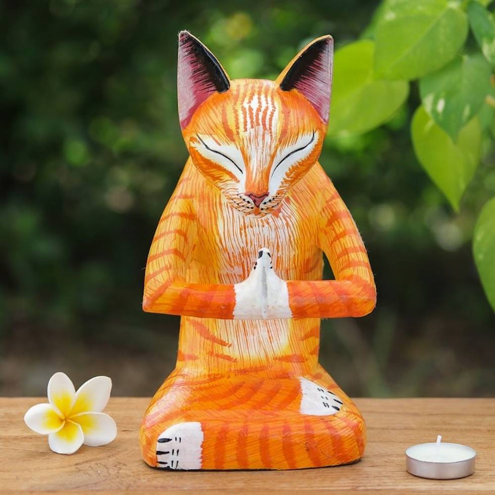 Handcrafted Yoga-Themed Orange Cat Raintree Wood Sculpture 'Kitten Yoga'