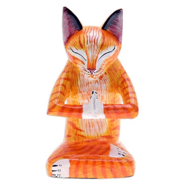 Alternate image for Handcrafted Yoga-Themed Orange Cat Raintree Wood Sculpture Kitten Yoga