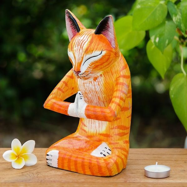 Alternate image for Handcrafted Yoga-Themed Orange Cat Raintree Wood Sculpture Kitten Yoga