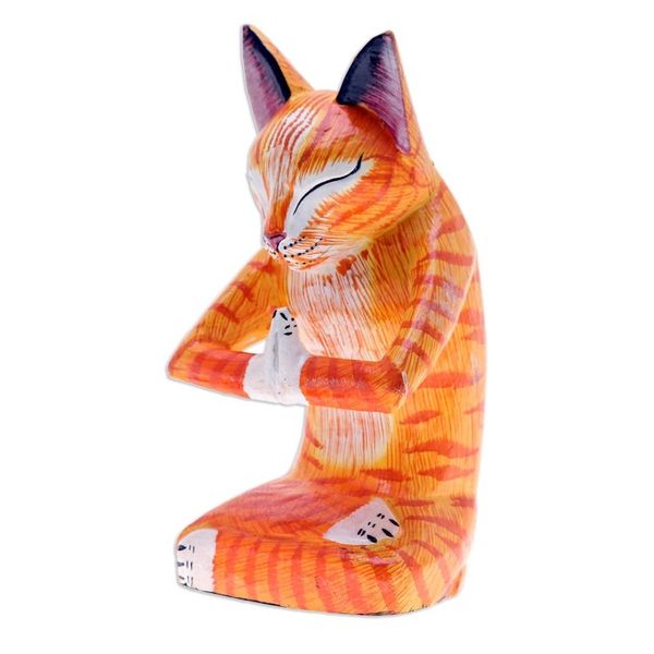 Alternate image for Handcrafted Yoga-Themed Orange Cat Raintree Wood Sculpture Kitten Yoga