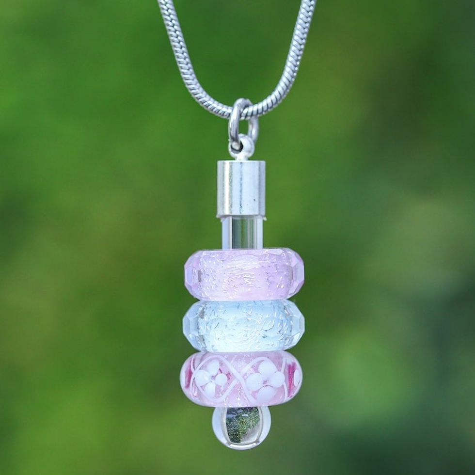 Pink and Blue Handblown Glass Beaded Floral Pendant Necklace 'Dulcet Amulets'