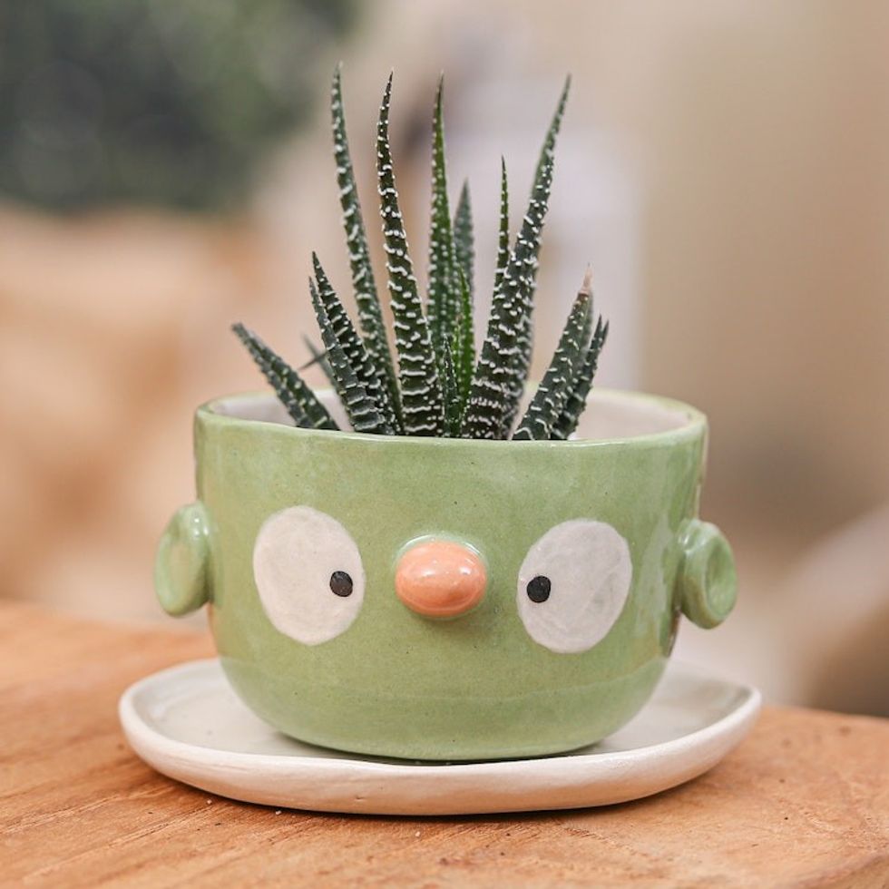 Green Bird-Shaped Ceramic Mini Flower Pot and Saucer Small 'Bird Spring'
