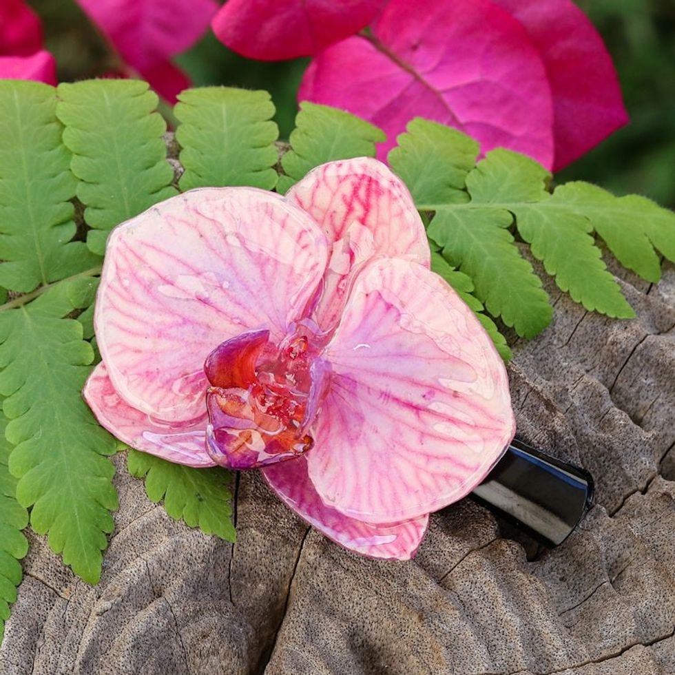 Spring-Themed Resin Pink Orchid Stainless Steel Hair Clip 'Primaveral Fantasy'