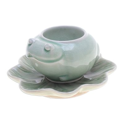 Alternate image for Celadon Ceramic Frog on Lotus Mini Flower Pot with Saucer Frog on Lotus