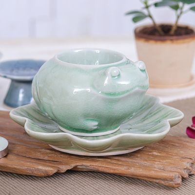Alternate image for Celadon Ceramic Frog on Lotus Mini Flower Pot with Saucer Frog on Lotus