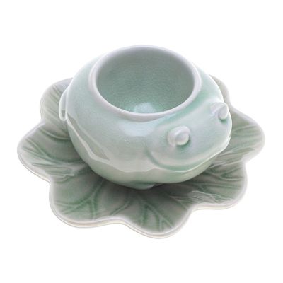 Alternate image for Celadon Ceramic Frog on Lotus Mini Flower Pot with Saucer Frog on Lotus