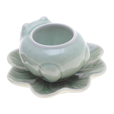 Alternate image for Celadon Ceramic Frog on Lotus Mini Flower Pot with Saucer Frog on Lotus