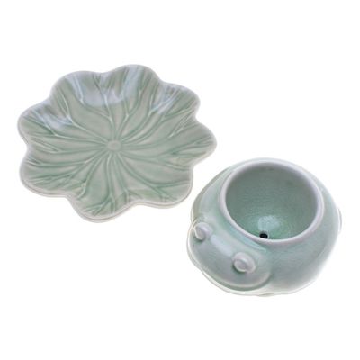Alternate image for Celadon Ceramic Frog on Lotus Mini Flower Pot with Saucer Frog on Lotus