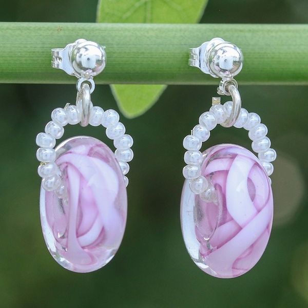 Alternate image for Abstract-Themed Handblown Glass Dangle Earrings in Pink Hues Essential Pink