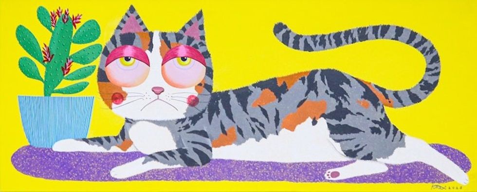 Stretched Whimsical Naif Acrylic Cat Painting in Yellow Hues 'Comic Cat'
