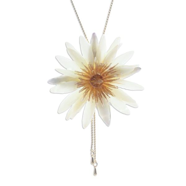 Alternate image for Resin-Coated Flower Lariat Necklace with Gold-Plated Chain Chic Ivory Water Lily