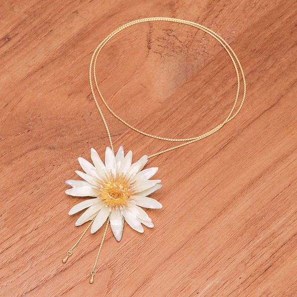 Alternate image for Resin-Coated Flower Lariat Necklace with Gold-Plated Chain Chic Ivory Water Lily