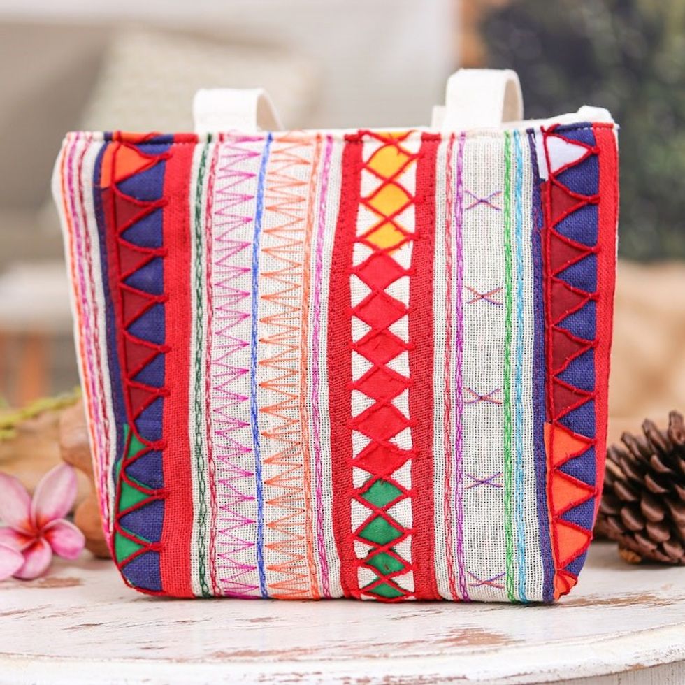 Colorful Cotton Tote Bag with Lahu Hill Tribe Embroidery 'Carnival of Colors'