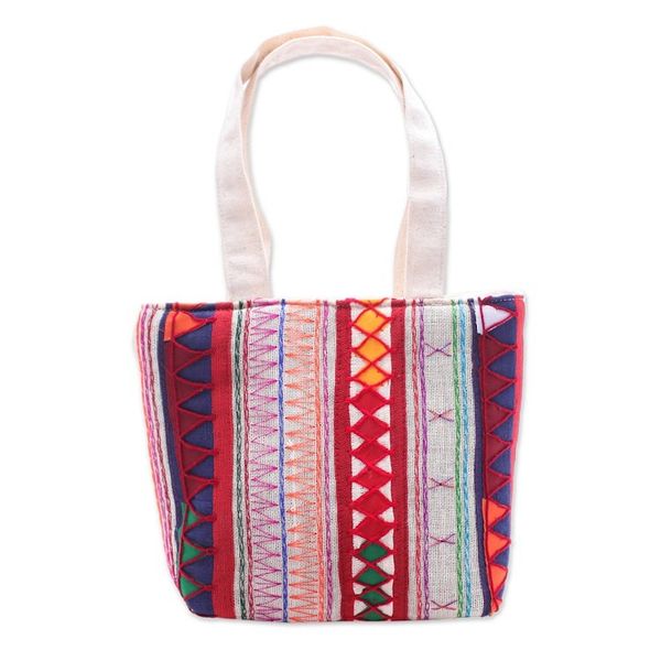 Alternate image for Colorful Cotton Tote Bag with Lahu Hill Tribe Embroidery Carnival of Colors