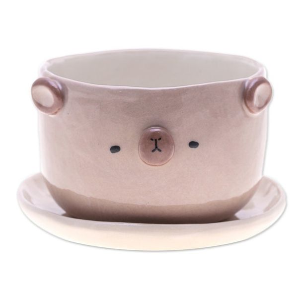 Alternate image for Thai Bear-Themed Glazed Ceramic Flower Pot and Saucer Set Bear Blossoming